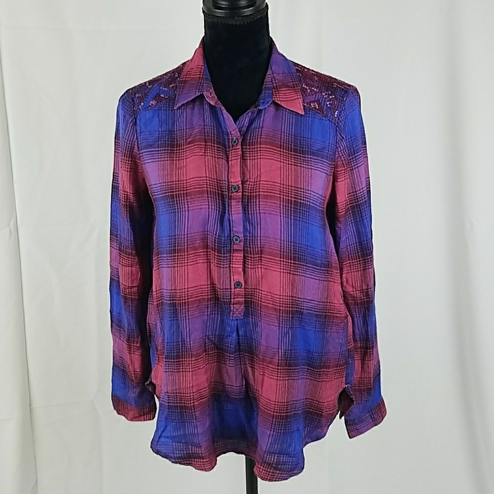 Lucky Brand women XS blouse slip on plaid long sleeve shirt western cowgirl